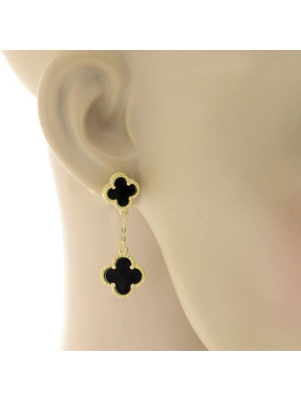 Black Onyx four leaf clover 925 silver 18k yellow gold plated drop earrings, NEW